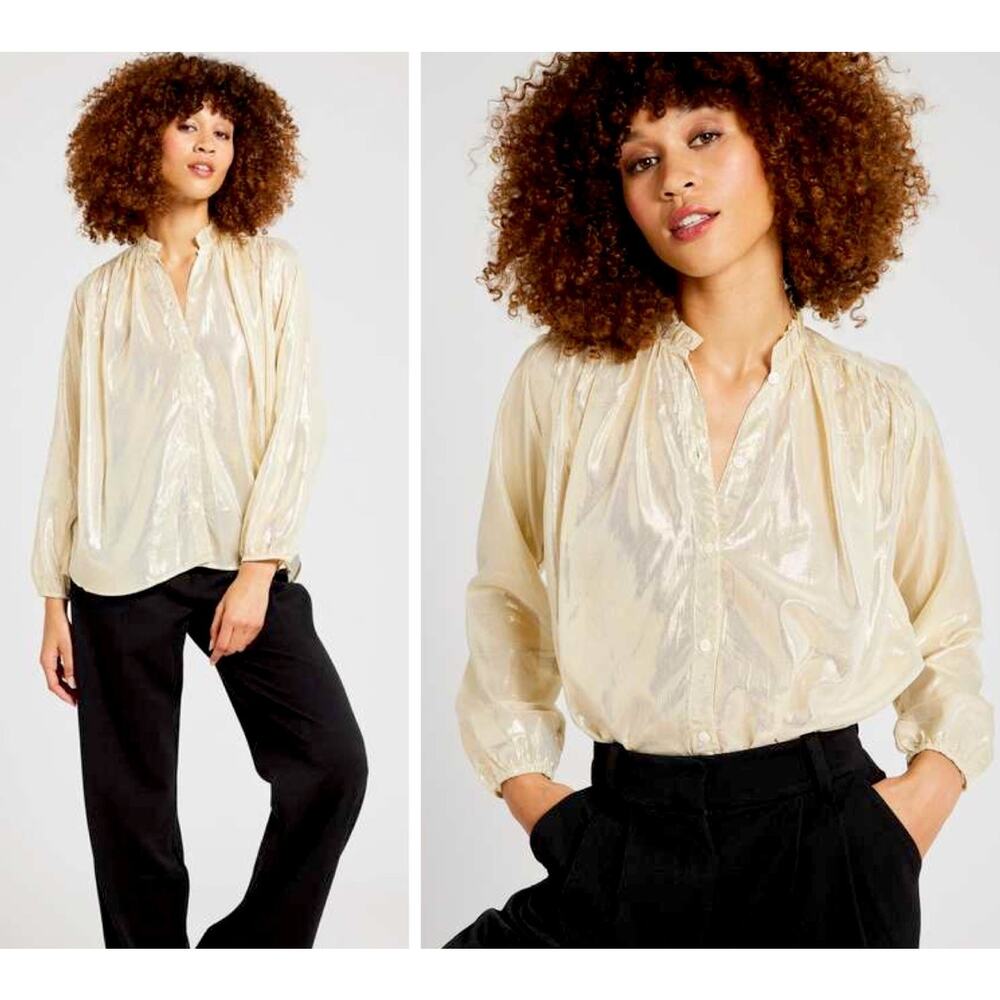 Mille Resort & Travel Size S Francesca Top Blouse Button Up Gold Lam Silk Lurex